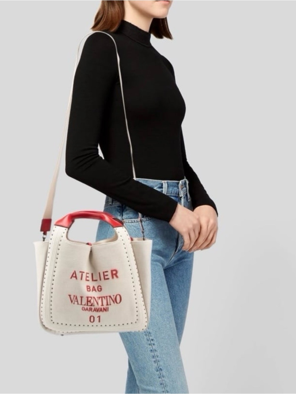 Valentino Canvas Tote in Ivory with Red Accents